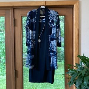 Navy dress with long jacket. Necklace attached